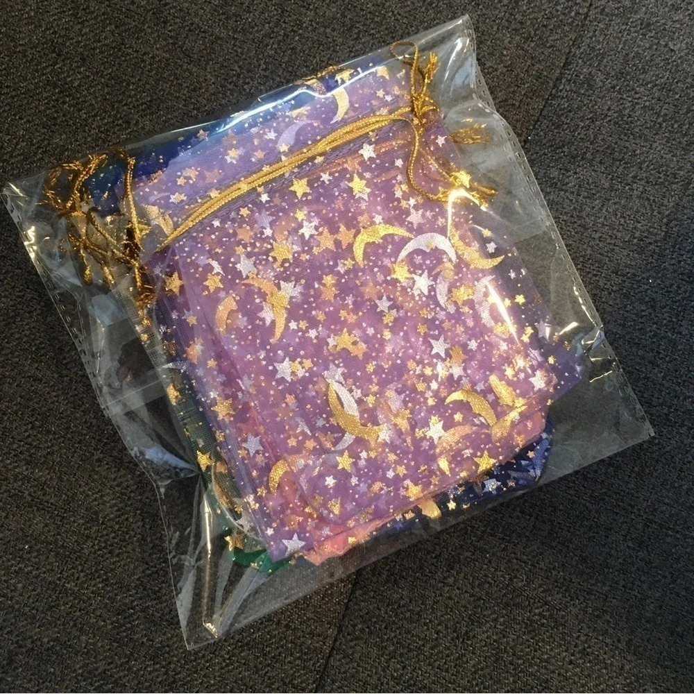 12 Count - Moon + Star Small Jewelry Organza Drawstring Bags, ~4 x 5 inches
